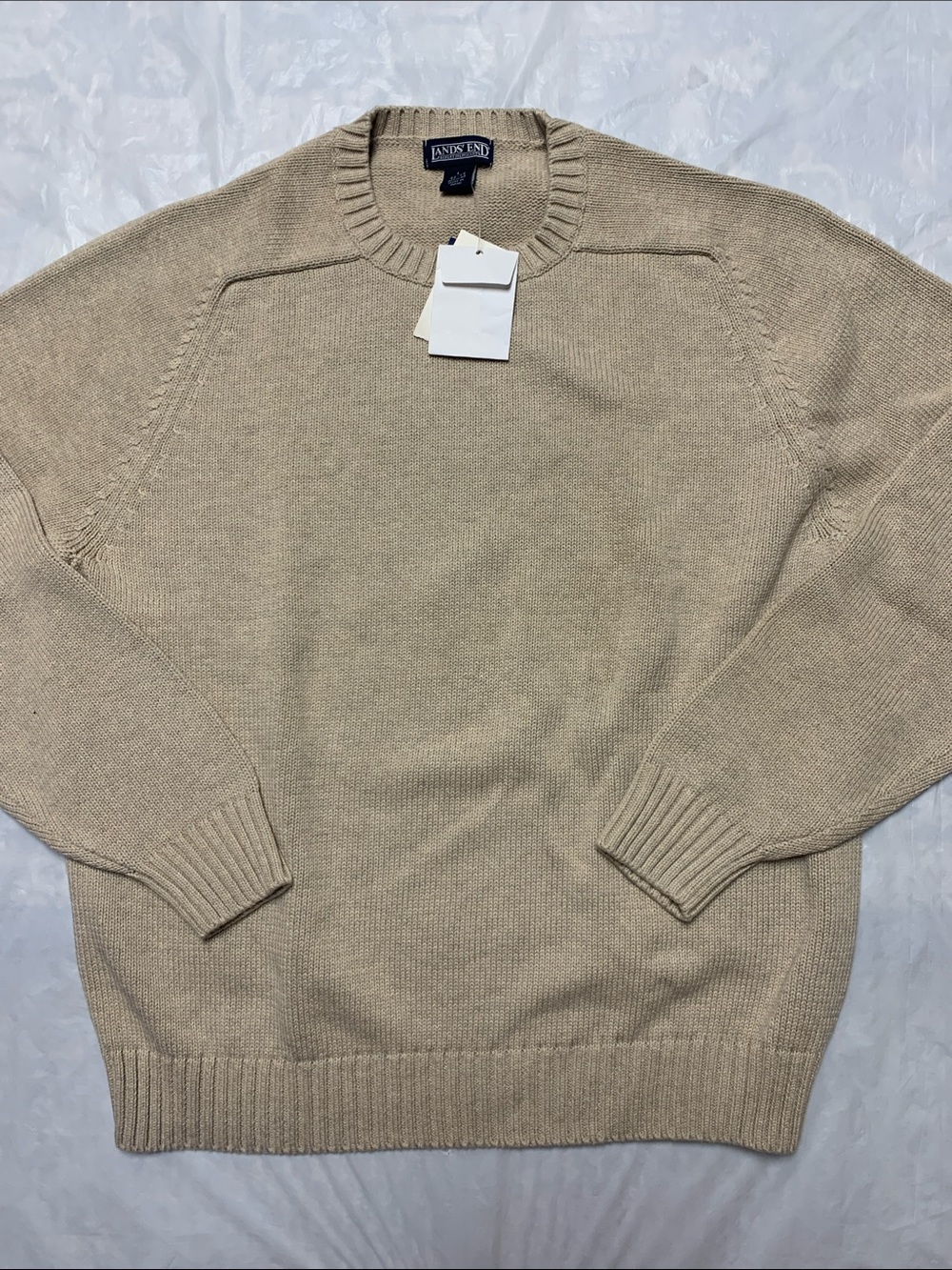 Lands End Drifter Crew Sweater Tan Heather NWT 100% Cotton Size Large